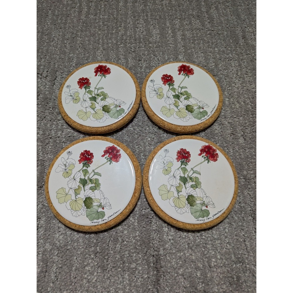 Geranium Flower‎ Portugal Cork/Tile Trivet + 4Pc Coaster Set Round